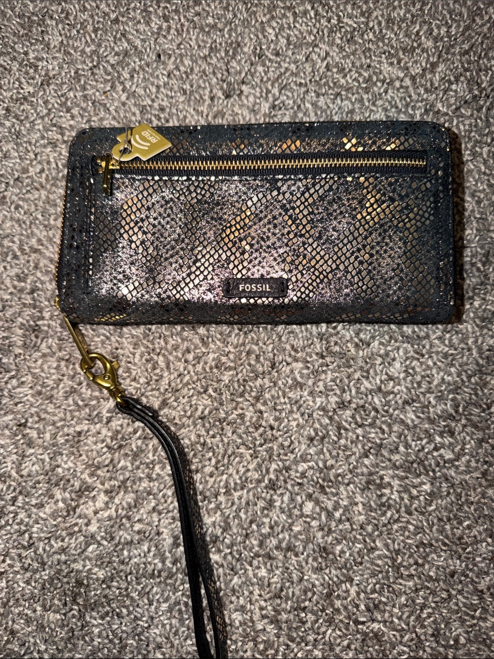 Fossil Black and Gold Snake-Print Wristlet Card Holder